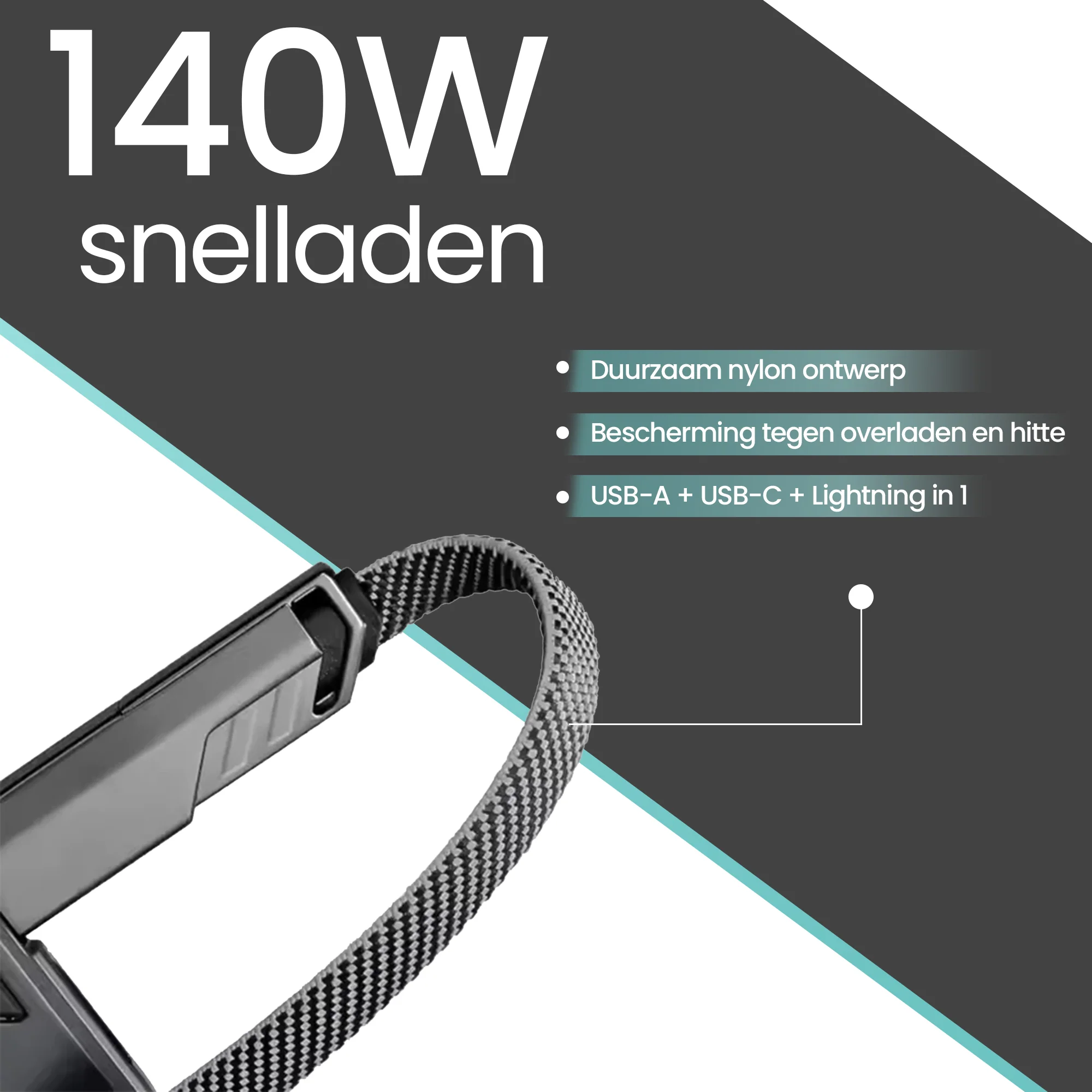 140W 4 in 1 Snellaad Oplaadkabel Universele snellaadkabel 1 meter - Afbeelding 3