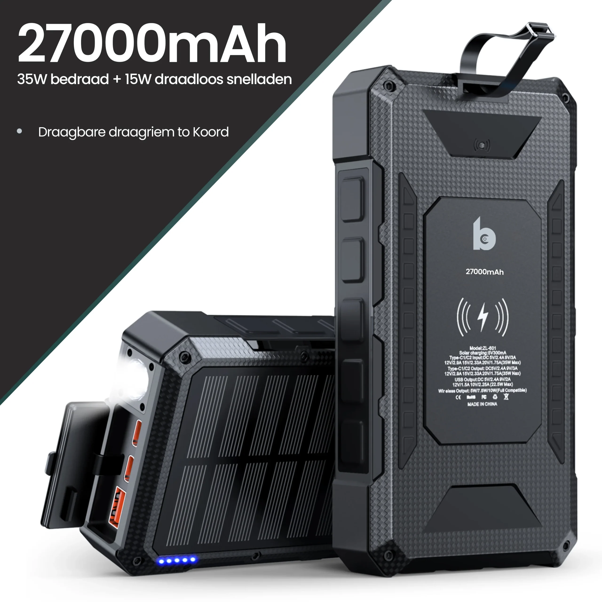 Solar Laptop Powerbank 27.000mAh 35W snellader met draadloos opladen waterdicht zaklamp - Afbeelding 3